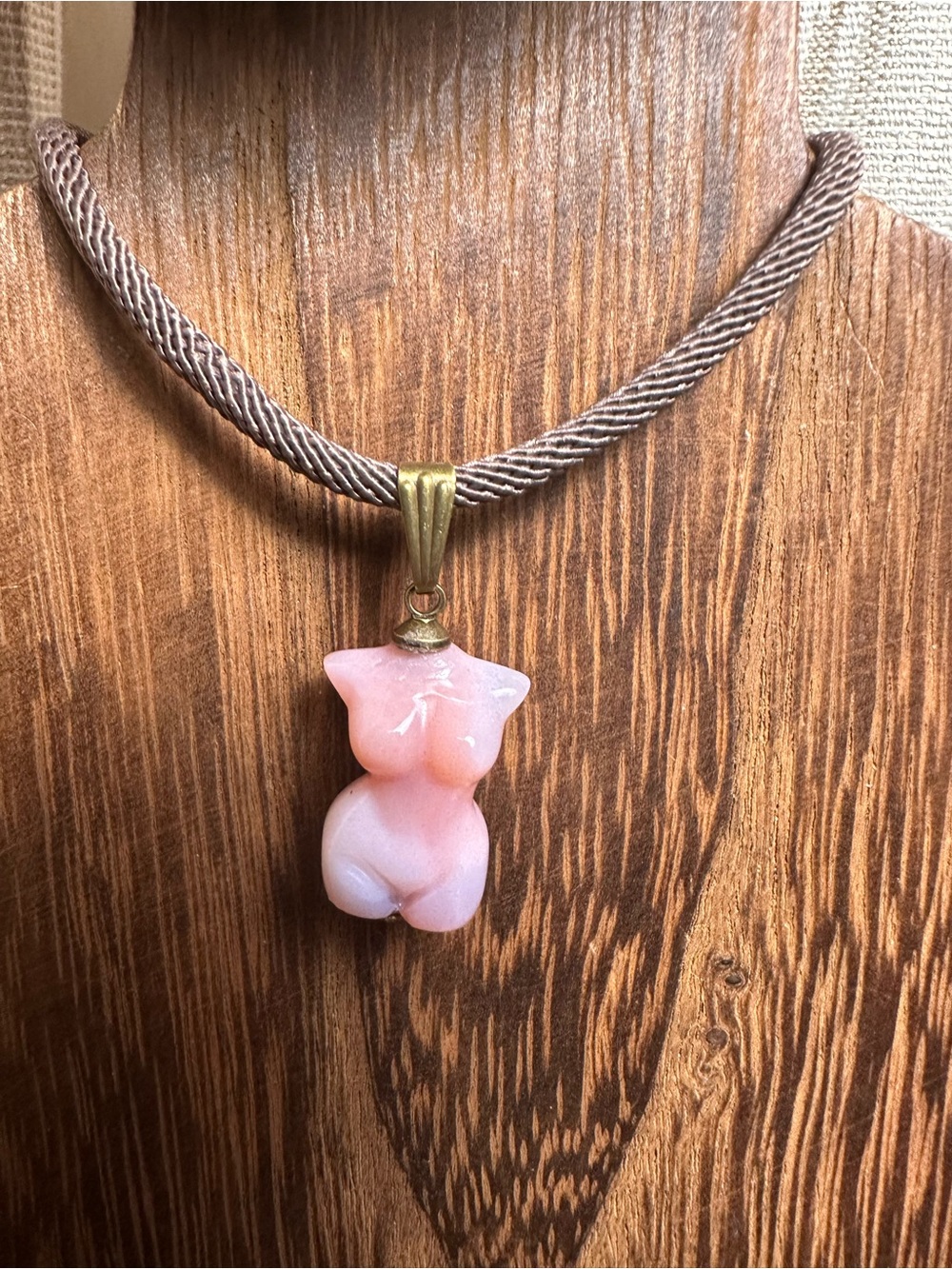 Mini Pink Alashan Agate Lady Body Carving Pendant Necklace on Brown Rope